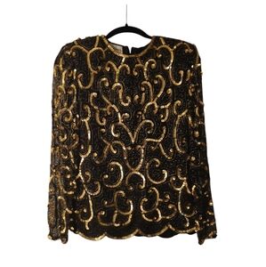 Vintage Black Silk Gold Sequins 80s 90s Swiftie Eras Scalloped Sheer Blouse-S